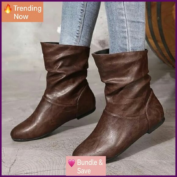 Leather Slouchy Flat Ankle Boots Comfortable Pull On Booties Low Heel - Picture 6 of 8